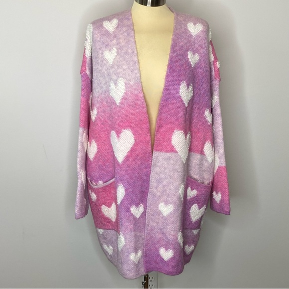 Anthropologie Maeve Pink Purple Hearts Cardigan Sweater - Picture 2 of 11